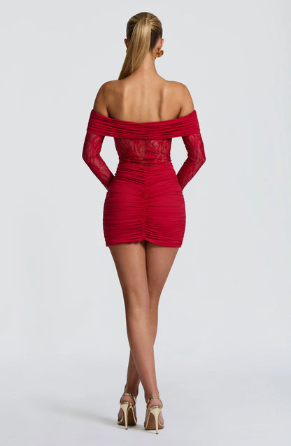 roselledress red lace off shoulder ruched mini homecoming dress back view