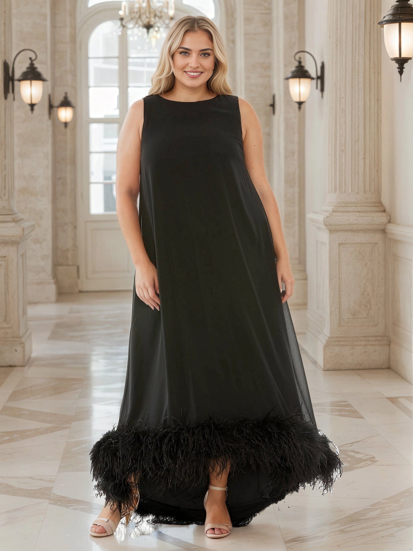 RoselleDress black chiffon plus size shift wedding guest dress round neck sleeveless feather trim hi-lo gown front view