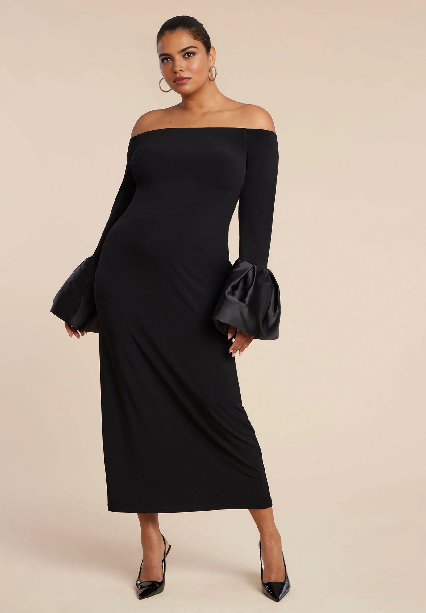 roselledress black plus size off-shoulder bodycon midi dress with satin bell sleeves wedding guest outfit front view