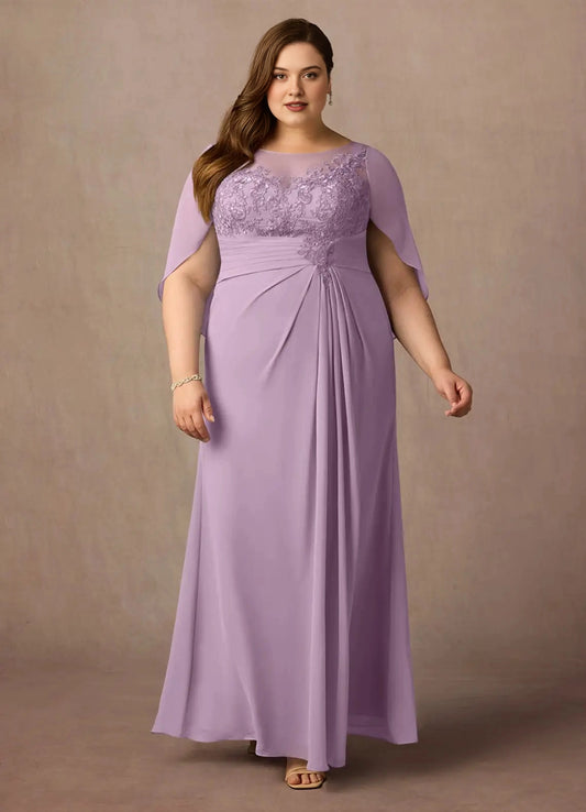 Front view of lilac illusion neck lace cape sleeve mother of the bride dress by roselledress