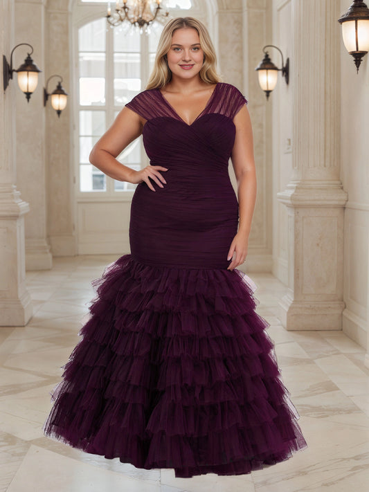RoselleDress plum purple plus size wedding guest dress mermaid v-neck cap-sleeve ruched bodice tiered ruffle tulle gown front view floor-length formal guest dress