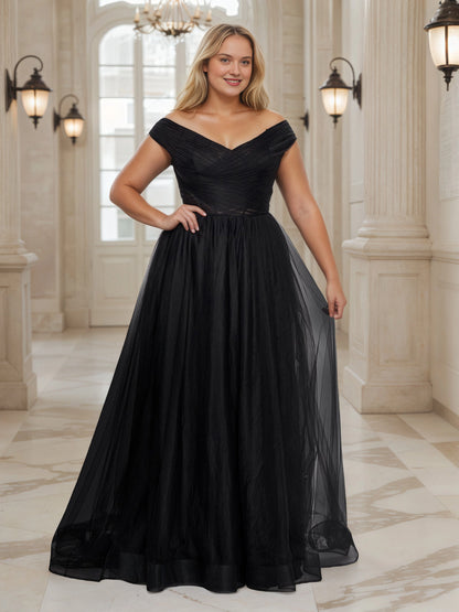 RoselleDress black tulle plus size a‑line wedding guest dress off‑the‑shoulder pleated bodice maxi gown front view