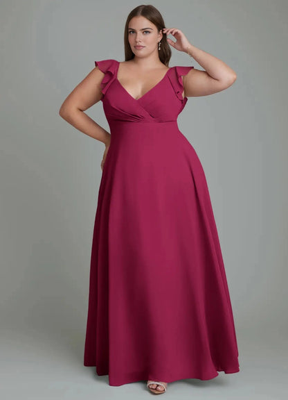 Roselle Dress plus size burgundy chiffon A-line V-neck ruffled straps maxi bridesmaid dress front view