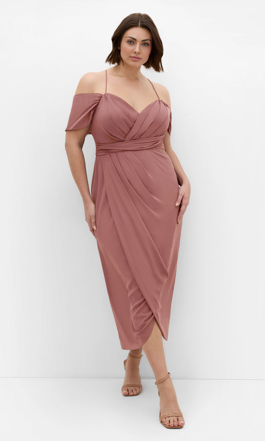 RoselleDress dusty rose plus size midi wedding guest dress off‑the‑shoulder flutter sleeve wrap ruched bodice front slit midi length front view