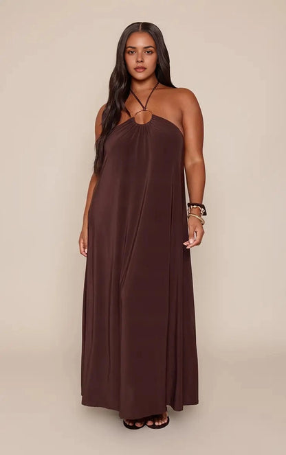 Roselledress plus size flowy a‑line halter sleeveless open back maxi wedding guest dress front view dark brown
