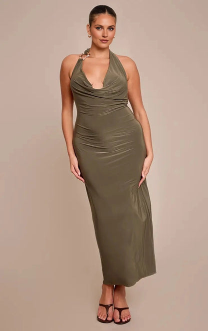 Roselledress plus size olive green halter cowl neck bodycon midi wedding guest dress with metal chain detail front view on curvy model