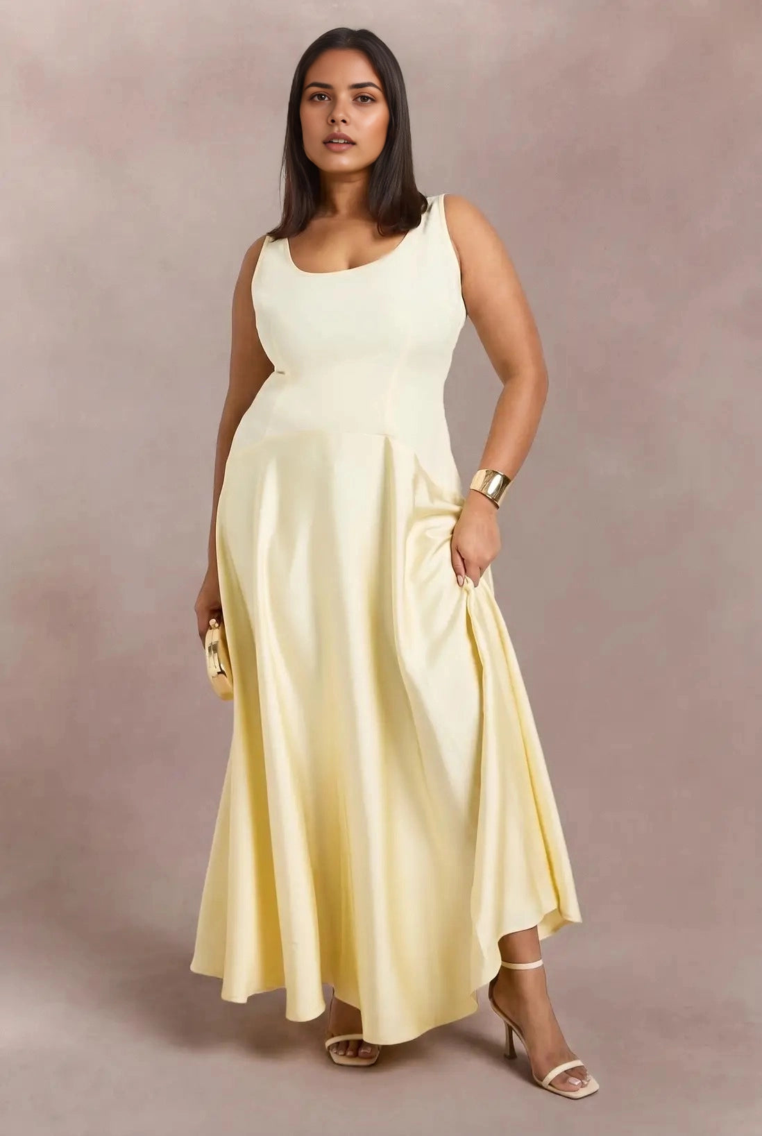 Roselledress plus size pale yellow satin sleeveless scoop neck A‑line maxi wedding guest dress front view on curvy model