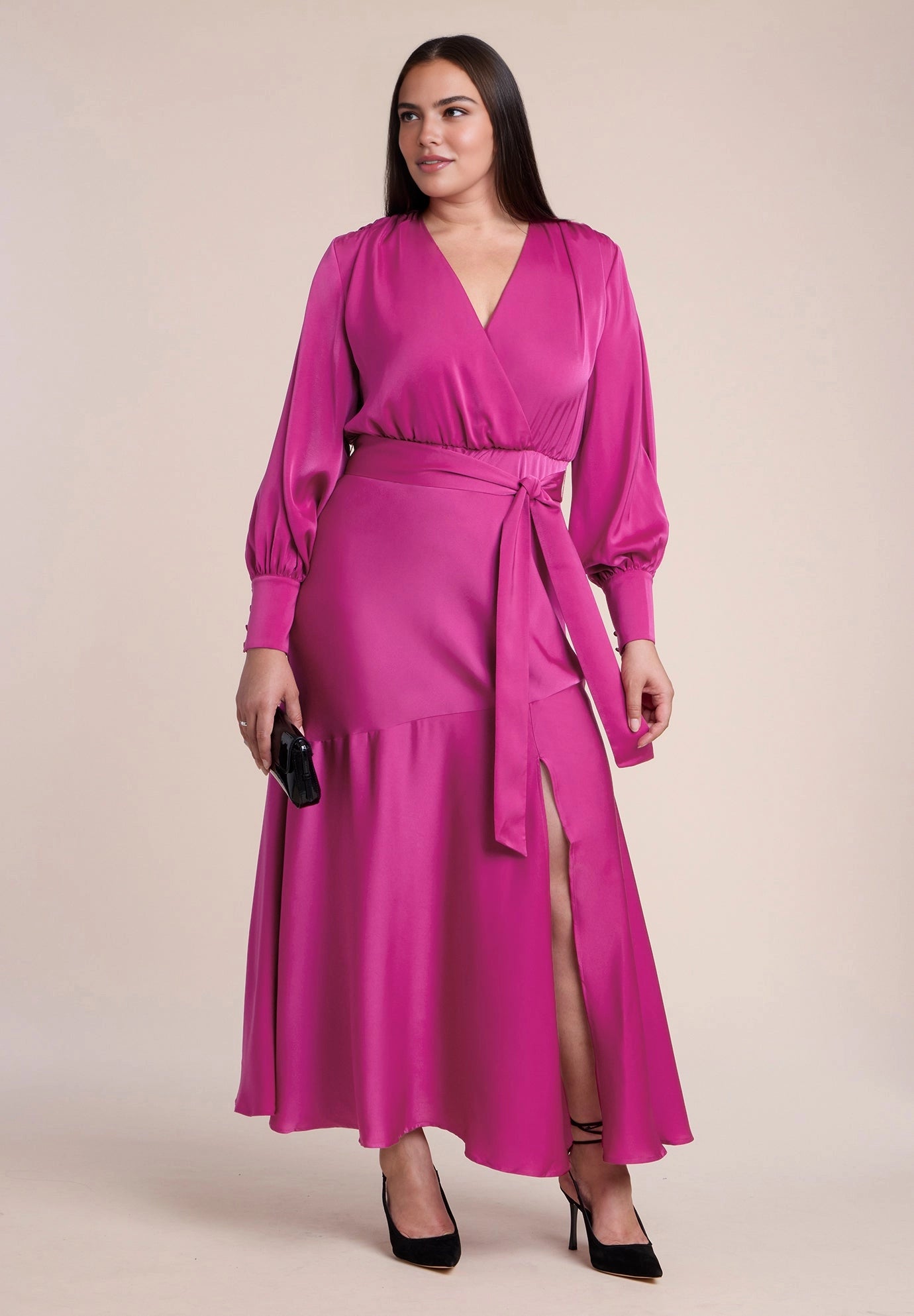 roselledress rose red plus size long sleeve satin midi dress ruffle hem waist cinch elegant wedding guest gown front view