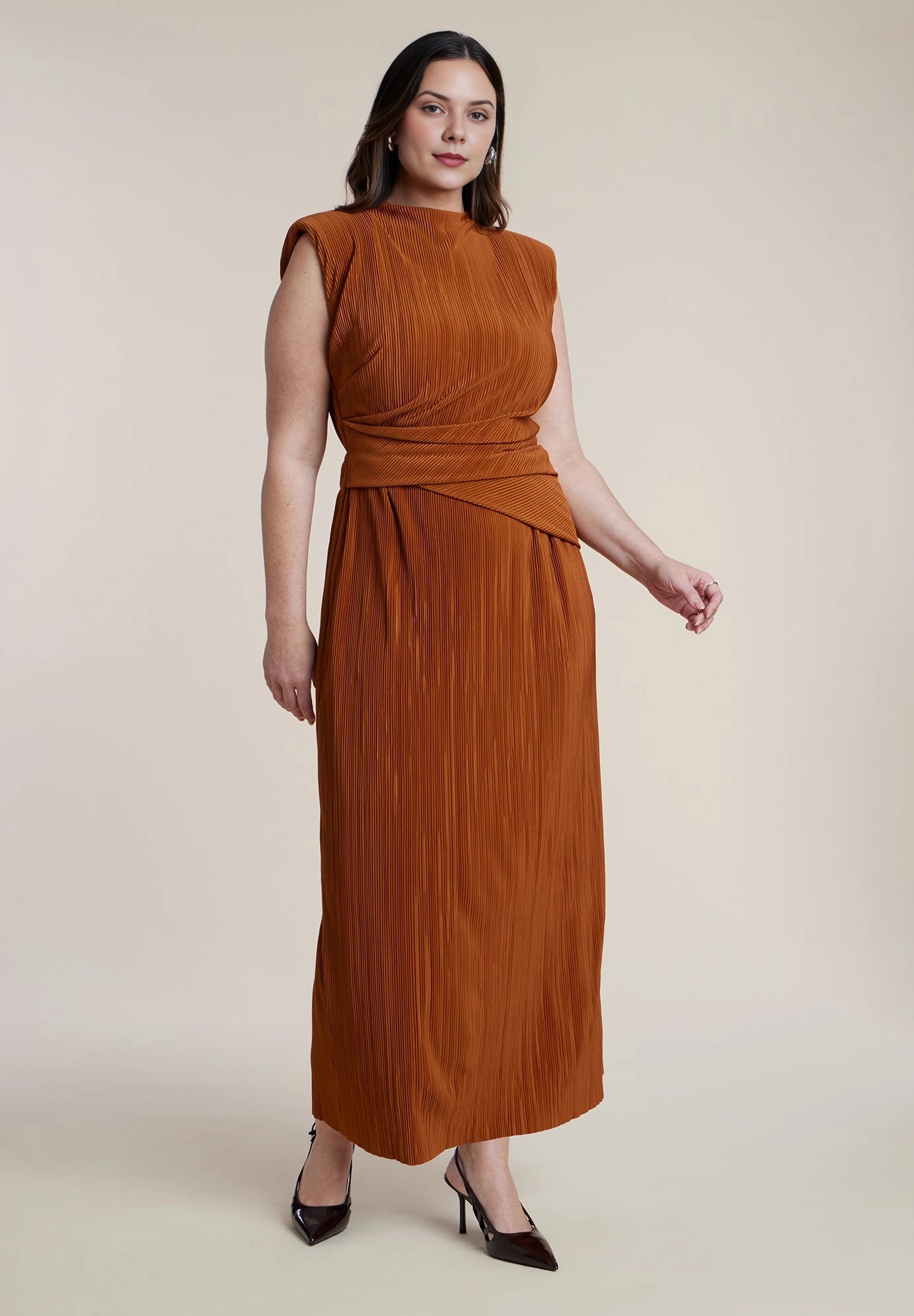 roselledress rust terracotta plus size plisse midi dress high neck cap sleeve draped waist wedding guest outfit front view