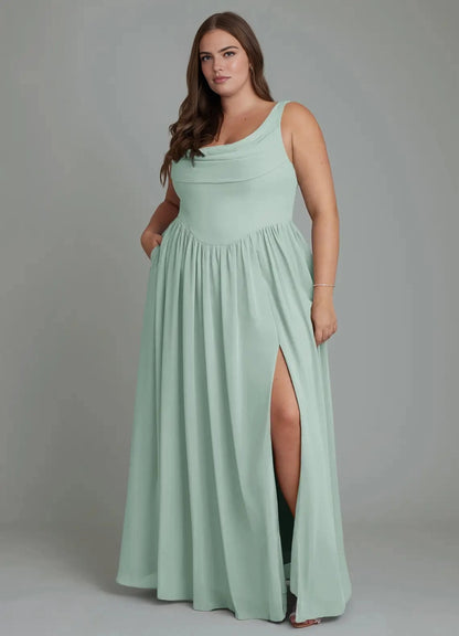 roselledress sage green plus size bridesmaid maxi dress cowl neck sleeveless a-line with slit and pockets front view