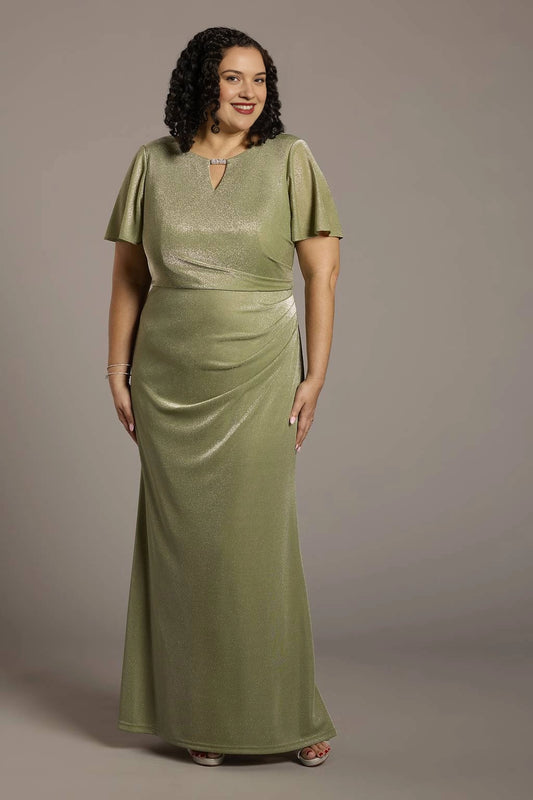 Front view of sage green shimmer keyhole neck flutter sleeve mother of the bride dress by roselledress