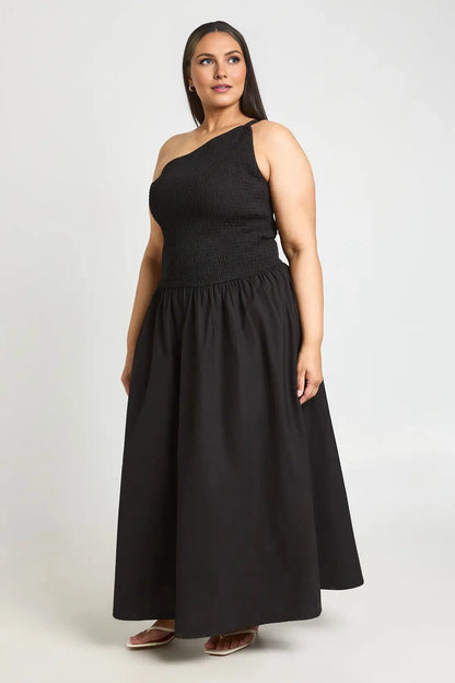 Roselledress black plus size one‑shoulder sleeveless A‑line maxi wedding guest dress with smocked bodice