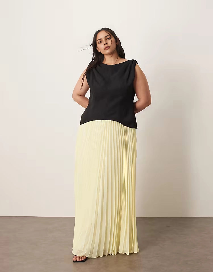 Roselledress black and pale yellow colour‑block plus size boat‑neck sleeveless pleated chiffon maxi wedding guest dress