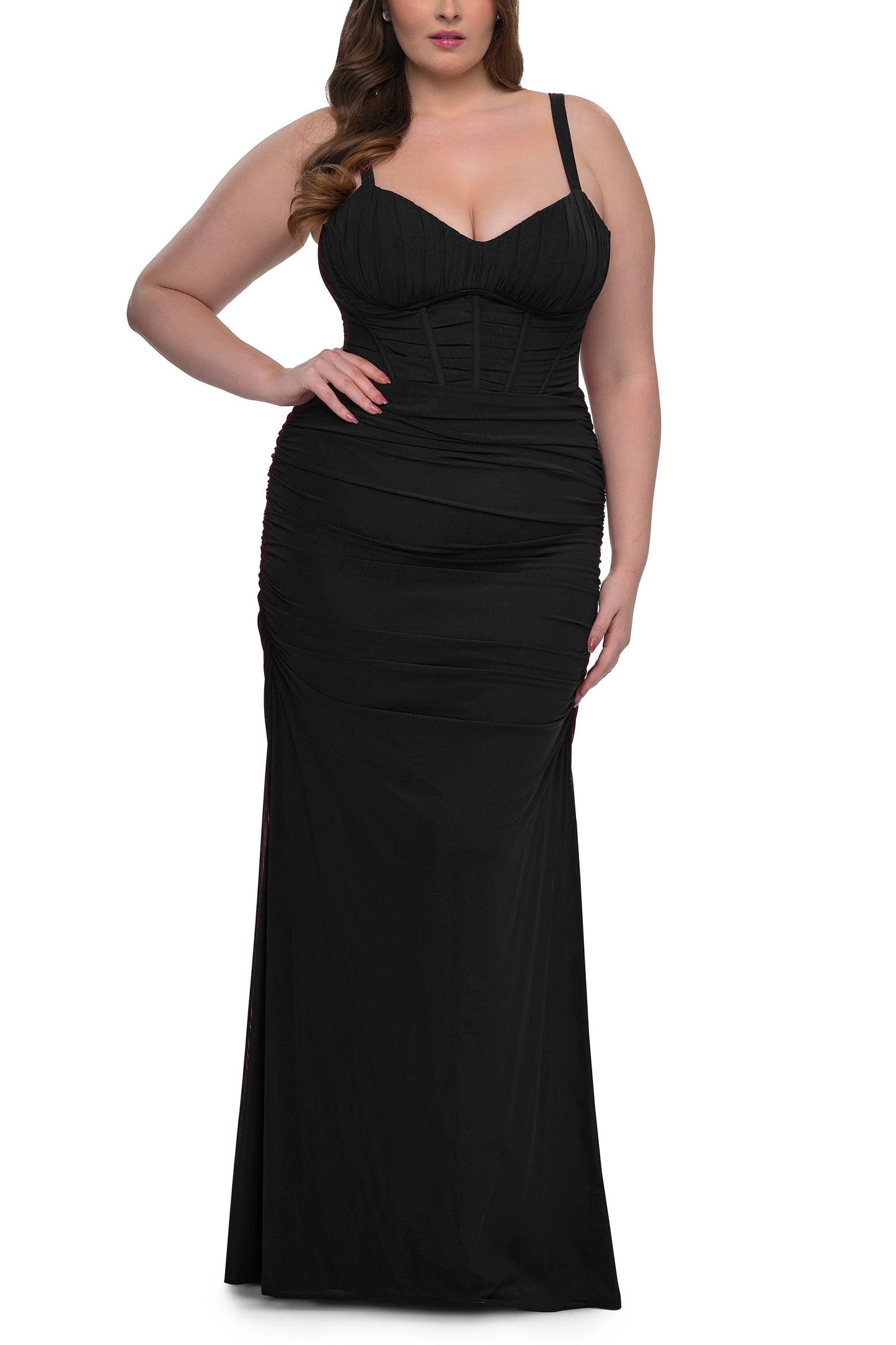 roselledress black plus size corset bodice spaghetti strap ruched mermaid maxi dress elegant wedding guest gown front view
