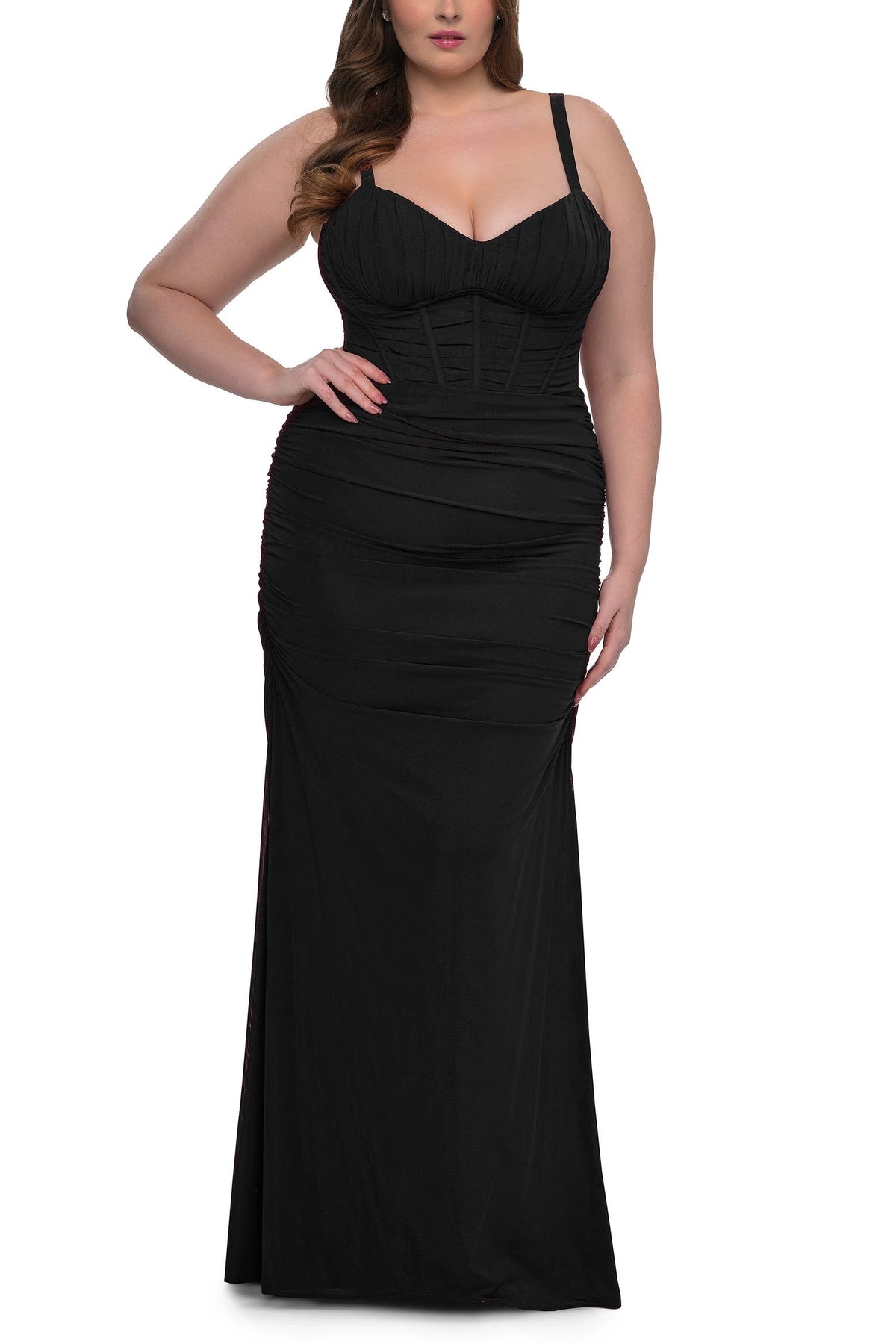 roselledress black plus size corset bodice spaghetti strap ruched mermaid maxi dress elegant wedding guest gown front view