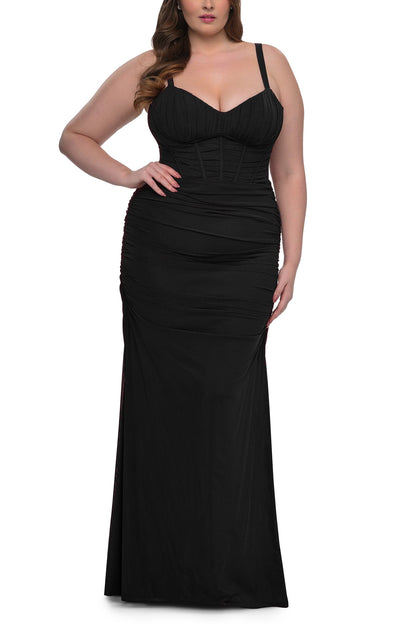 roselledress black plus size corset bodice spaghetti strap ruched mermaid maxi dress elegant wedding guest gown front view