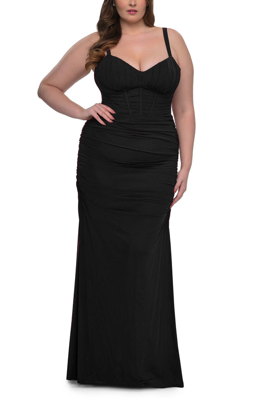 roselledress black plus size corset bodice spaghetti strap ruched mermaid maxi dress elegant wedding guest gown front view