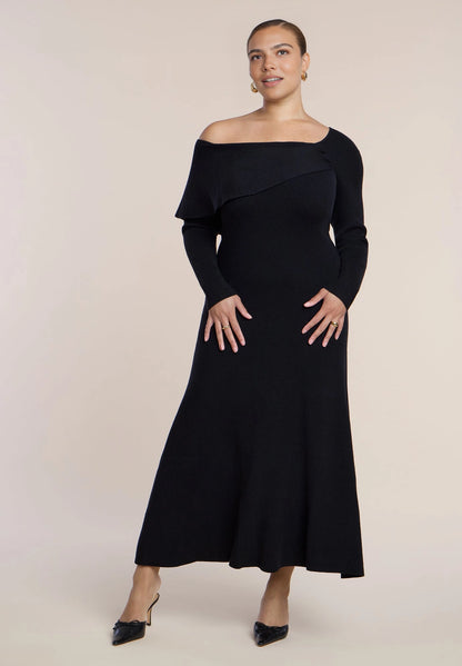 roselledress black plus size off‑the‑shoulder mermaid maxi dress long sleeve ribbed knit formal wedding guest dress front view