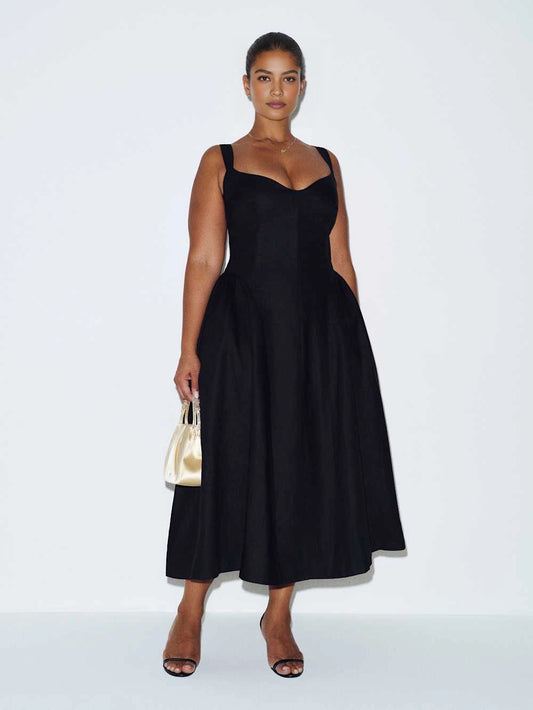 roselledress black plus size sweetheart neck wide strap a‑line midi dress structured elegant formal wedding guest gown front view