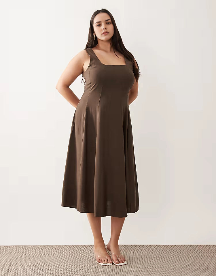Roselledress brown plus size sleeveless square‑neck seamed A‑line midi wedding guest dress