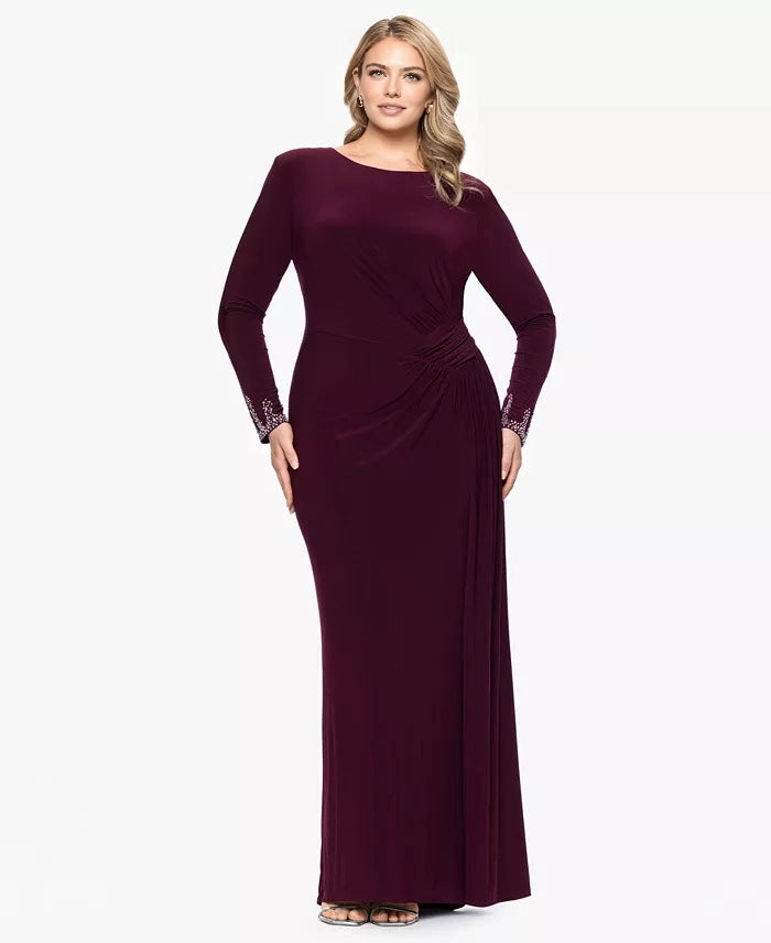 roselledress burgundy plus size boat neck long sleeve sheath maxi dress side ruched beaded cuff formal mother of bride dress front view