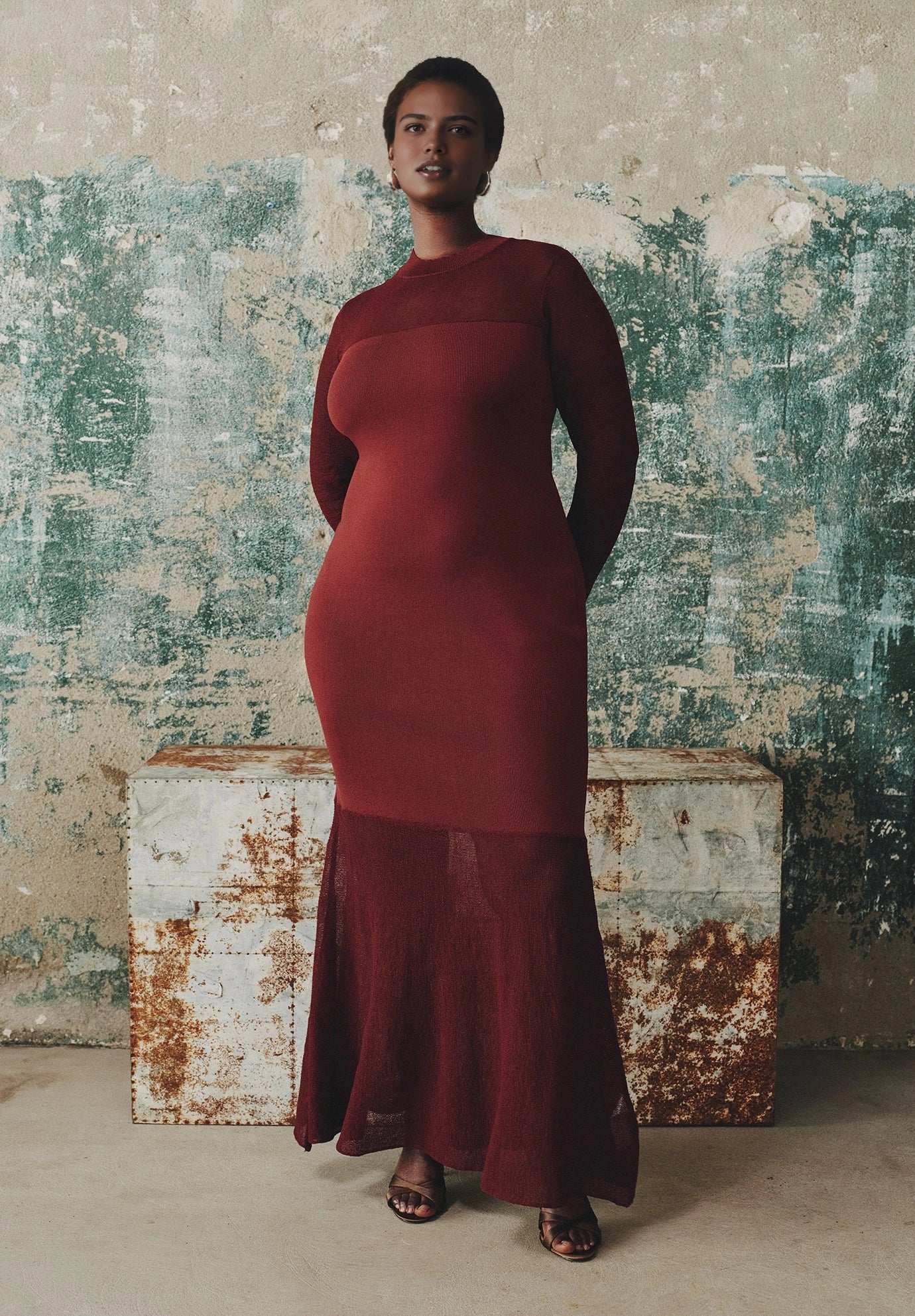 roselledress burgundy plus size mermaid wedding guest maxi dress mock neck long sleeve mesh panel knit dress front view