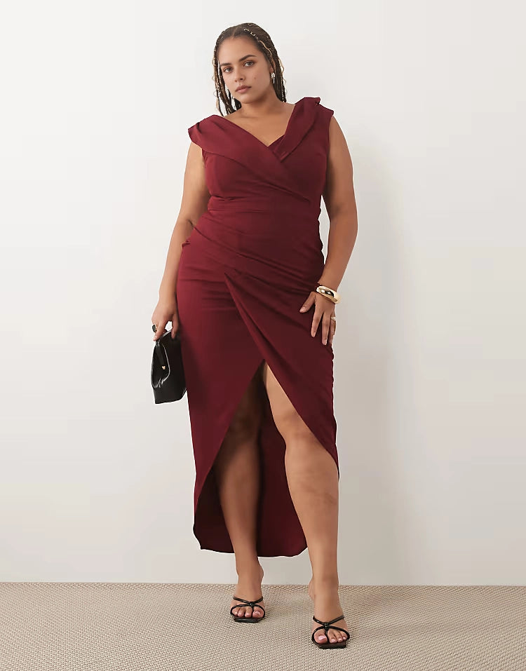 Roselledress burgundy plus size sleeveless wrap v‑neck draped slit maxi wedding guest dress