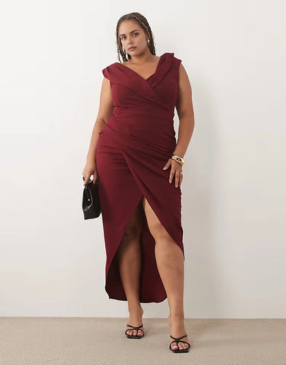 Roselledress burgundy plus size sleeveless wrap v‑neck draped slit maxi wedding guest dress