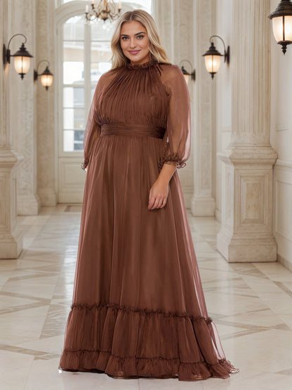 RoselleDress chocolate brown plus size wedding guest dress ruffled high neck sheer 3/4 sleeve flowy chiffon a‑line maxi gown front view floor‑length formal guest dress