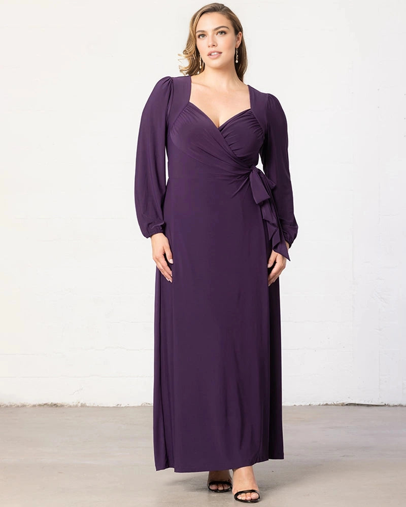 roselledress deep purple plus size long sleeve wrap maxi dress side tie detail modest elegant wedding guest gown front view