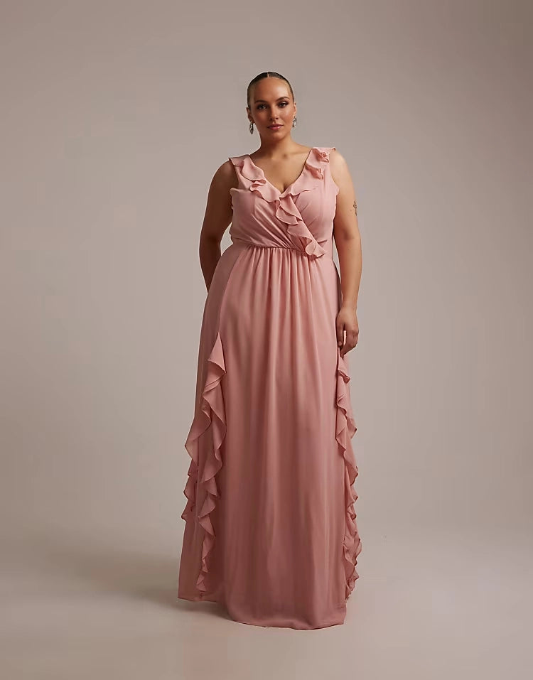 Roselledress dusty pink plus size V‑neck ruffled sleeveless chiffon empire waist maxi wedding guest dress