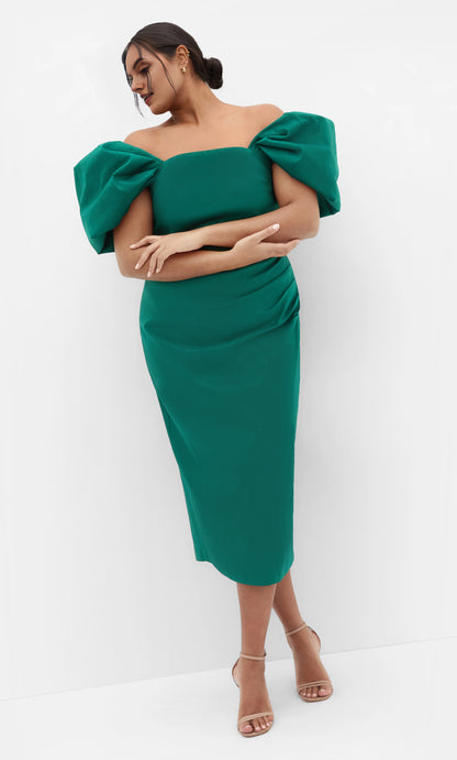 RoselleDress emerald green plus size wedding guest midi dress off‑the‑shoulder dramatic puff sleeve side ruched sheath dress front view cocktail formal gown