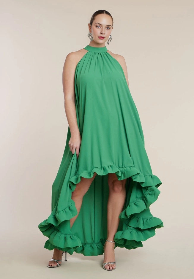 roselledress emerald green plus size asymmetric draped one sleeve maxi dress high neck elegant modern formal wedding guest gown front view