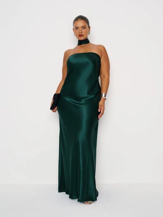 roselledress emerald green plus‑size strapless satin mermaid maxi dress with detachable choker halter neck elegant formal wedding guest gown front view
