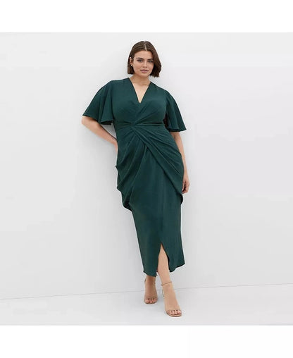 roselledress emerald green plus size v‑neck flutter sleeve twist wrap midi dress front slit formal wedding guest dress front view