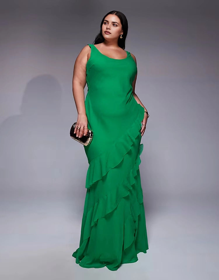 Roselledress emerald green plus size scoop‑neck sleeveless asymmetrical ruffle chiffon mermaid maxi wedding guest dress