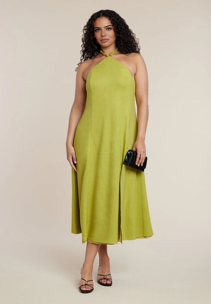 roselledress lime green plus size halter neck midi dress front slit casual elegant outdoor wedding guest dress front view