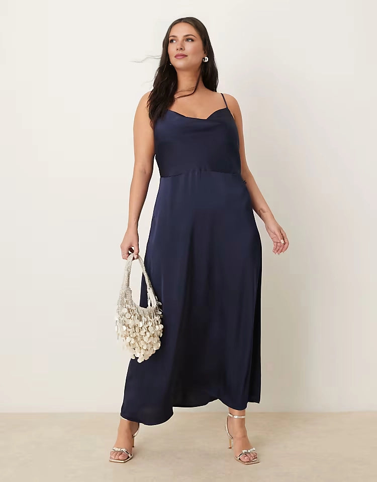 Roselledress navy blue plus size v‑neck adjustable spaghetti strap empire waist satin maxi wedding guest dress