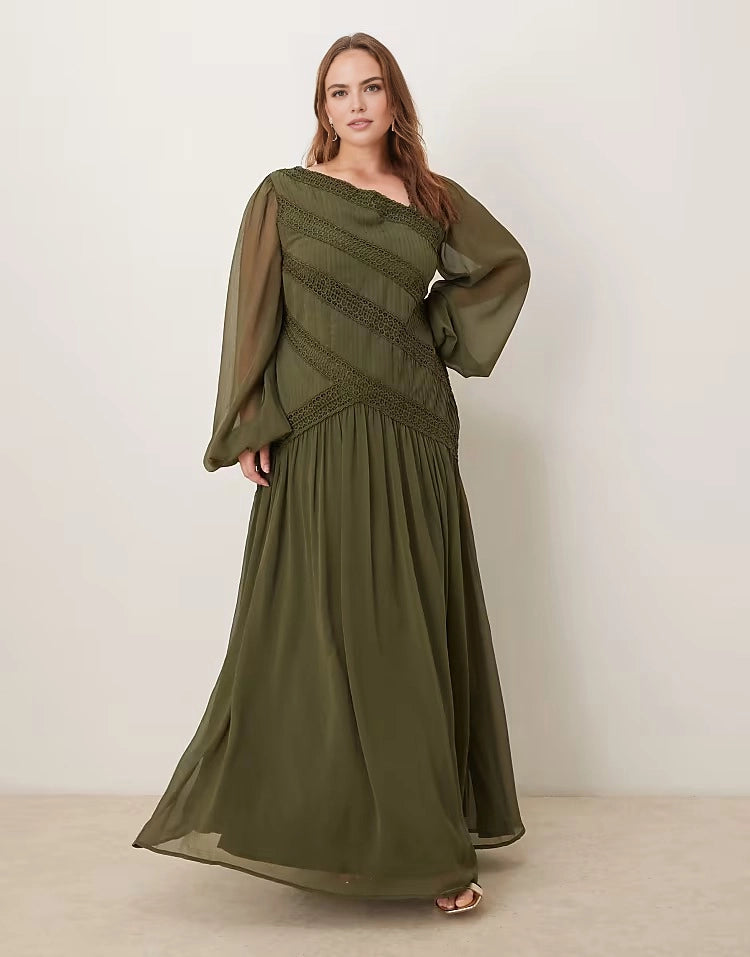 roselledress olive green bohemian plus size wedding guest maxi dress long sleeve lace detail front view
