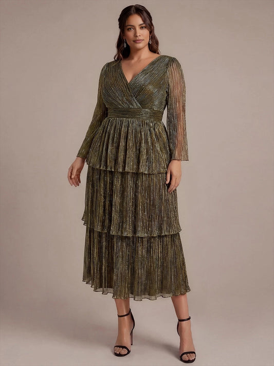 roselledress olive green plus size metallic shimmer tiered maxi dress long sleeve pleated waist elegant formal wedding guest gown front view