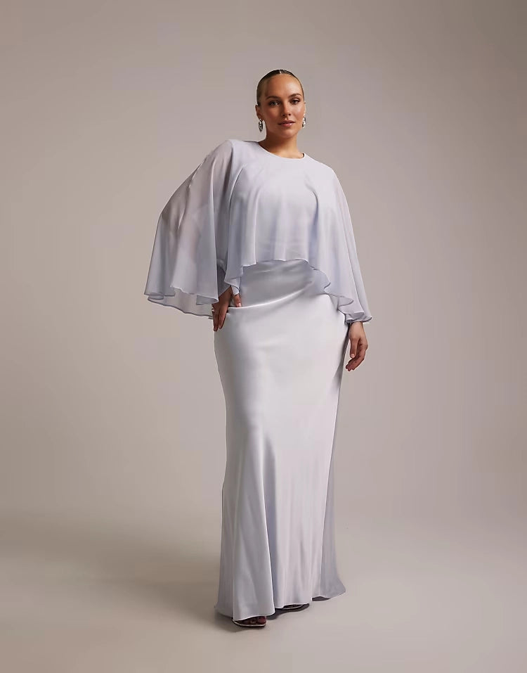 Roselledress pale lavender plus size round‑neck chiffon cape overlay satin skirt maxi wedding guest dress