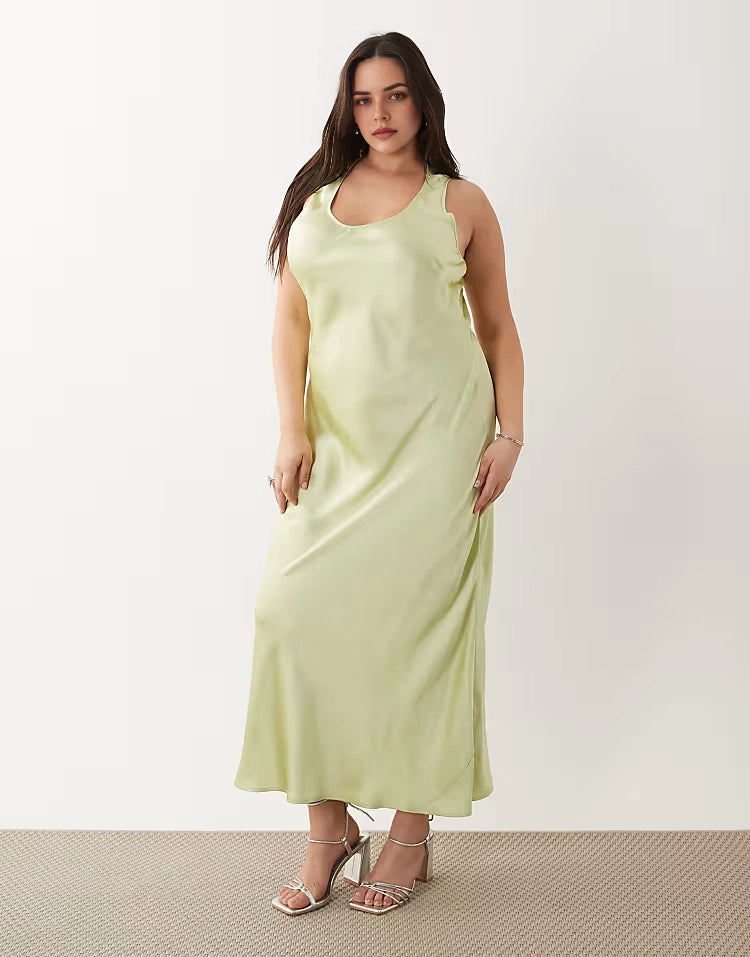 Roselledress pale lime green plus size sleeveless scoop neck bias‑cut satin midi wedding guest dress