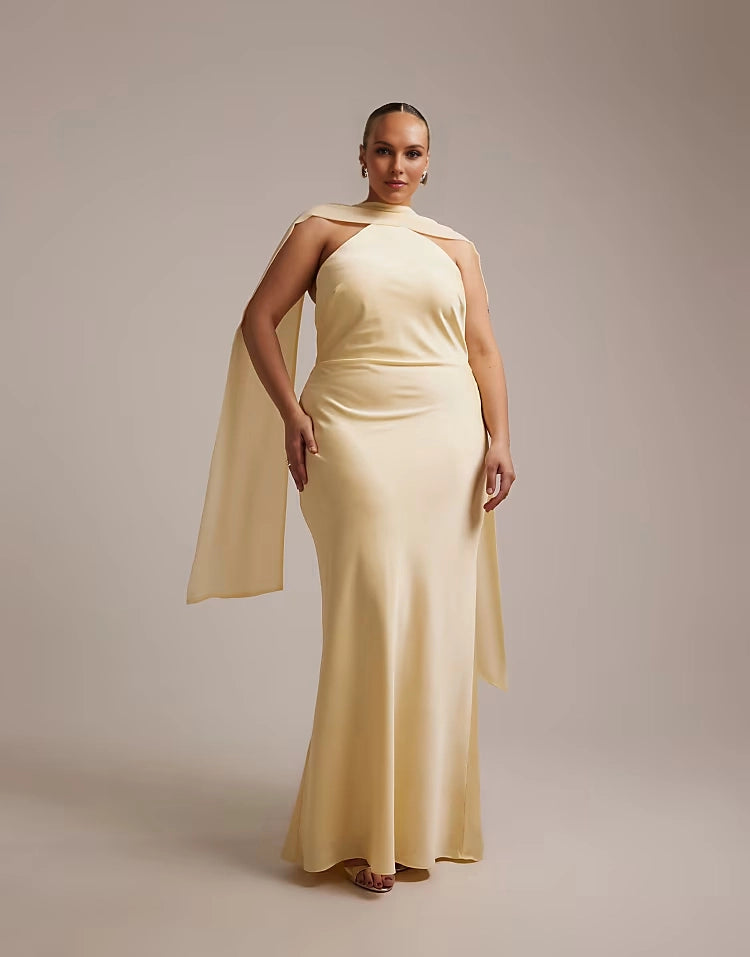 Roselledress pale yellow plus size halter cape‑strap mermaid satin maxi wedding guest dress