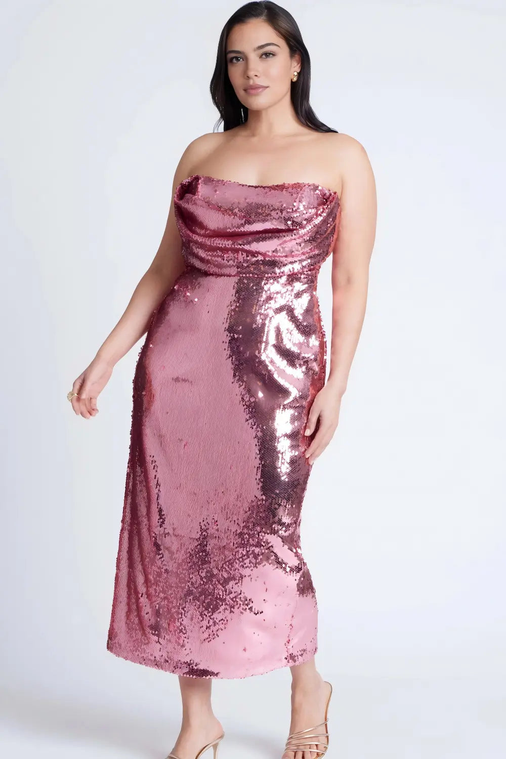 roselledress pink sequin plus size strapless draped sheath midi dress cowl bust formal wedding guest dress front view