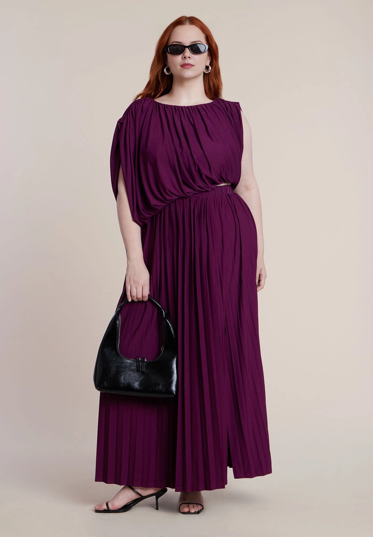 roselledress plum purple plus size cape sleeve cutout waist pleated maxi dress boat neck side slit flowy formal wedding guest gown front vie