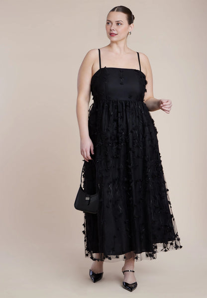 Roselle Dress plus size black 3D floral mesh midi wedding guest dress, square neck spaghetti strap a‑line skirt front view, evening gown