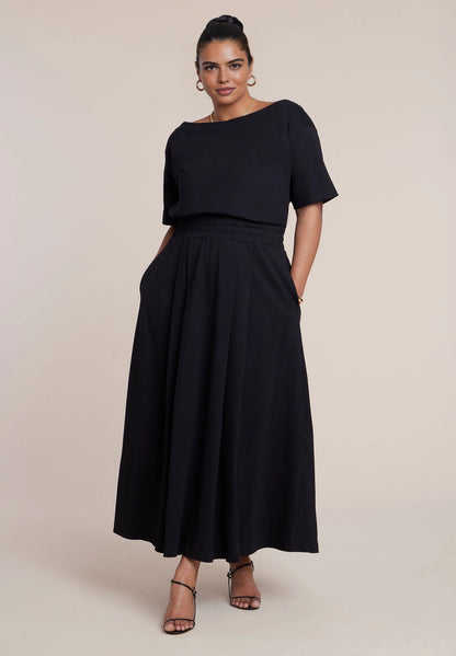 Roselle Dress plus size black cotton blend boat neck short sleeve maxi wedding guest dress front view with side pockets