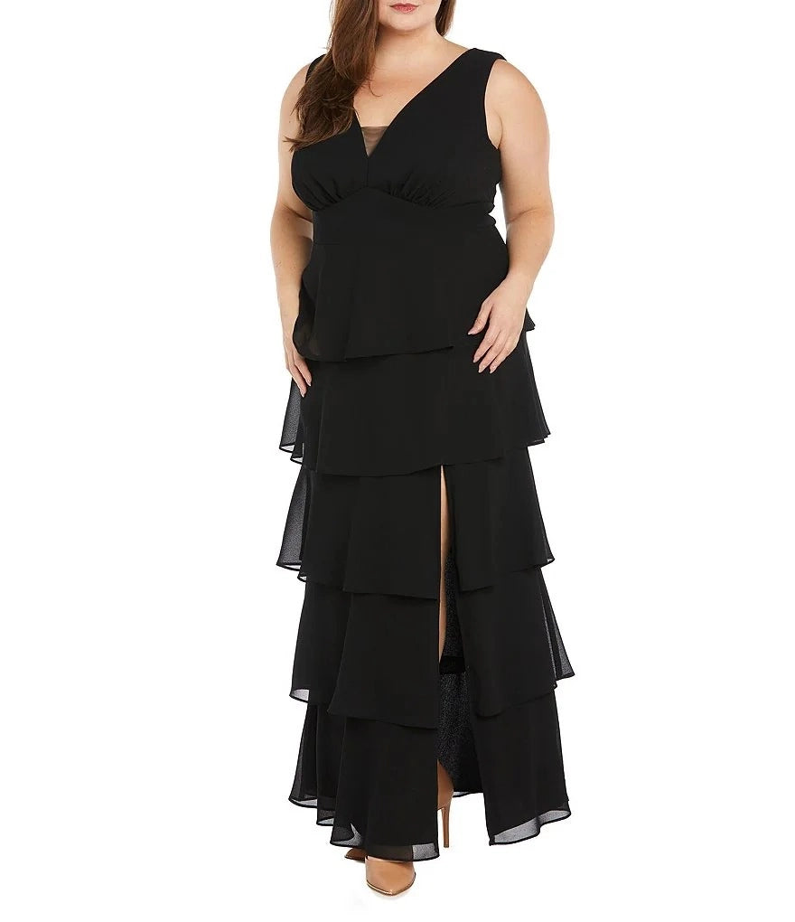 Roselle Dress plus size black tiered a‑line maxi dress, sleeveless v‑neck wedding guest gown front view