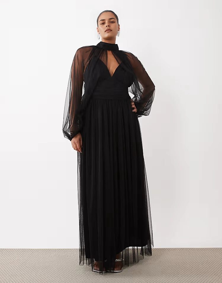 Roselledress plus size black tulle halter sheer long sleeve open back wedding guest maxi dress front view
