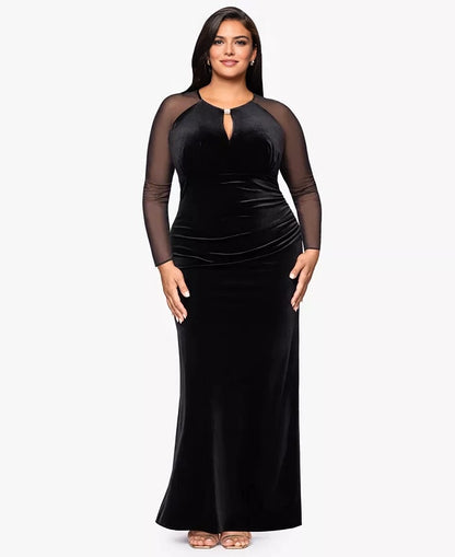 Roselle Dress plus size black velvet maxi wedding guest dress, mesh long sleeve keyhole neck with rhinestone detail front view, evening gown